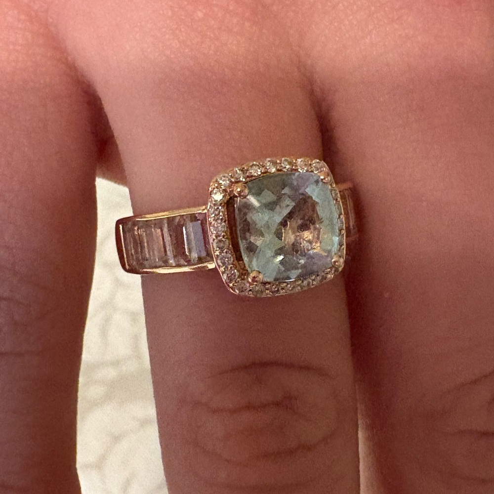 LeVian 14k Strawberry Gold Ring Blue stone surrounded by Diamonds & Baguettes - Picture 5 of 11